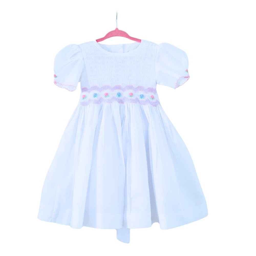 White Puff Sleeve Dress with Floral Embroidery